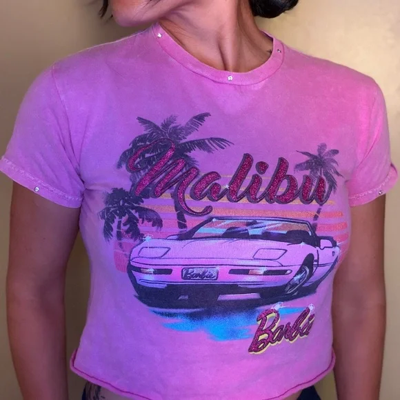 Barbie Pink Glitter Malibu Vintage Crop Tee - I added rhinestones to fix a hole - Picture 2 of 3